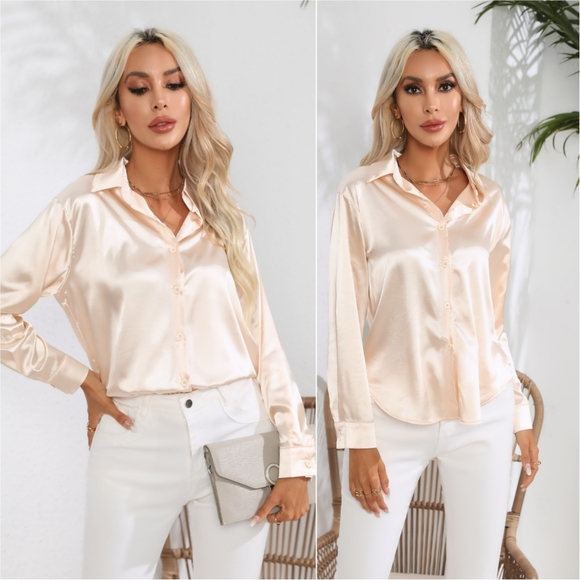 Satin Sensation Buttoned Blouse - Sand - Picture 1 of 4
